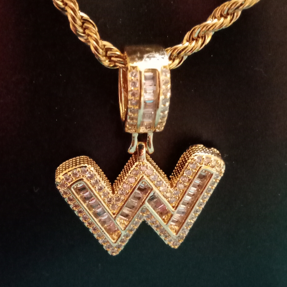 Beautiful Gold Tone Initial Necklace "W" With Rhinestones.
